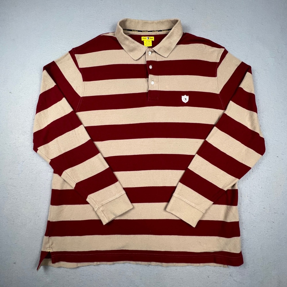 Duck Head Polo Shirt Mens XL Red Tan Striped Long Sleeve Cotton Pique Casual